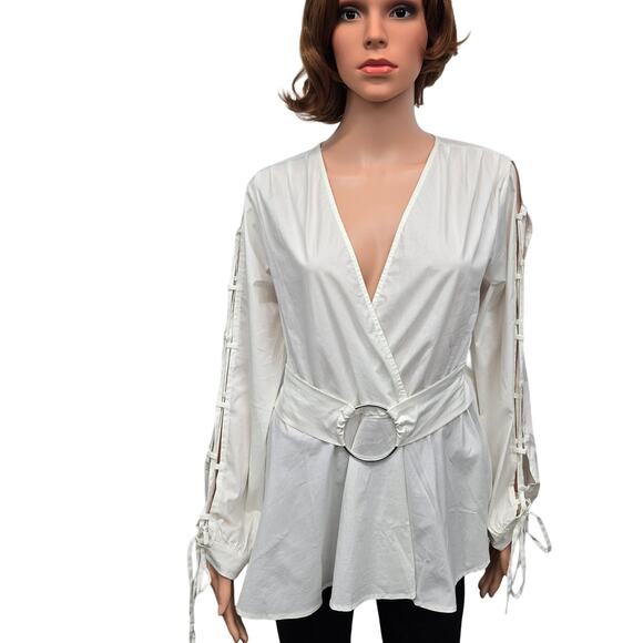 VENUS Top Blouse Women 6 White Open Long Sleeves Lace-up V-neck Belt Buckle - Picture 4 of 14